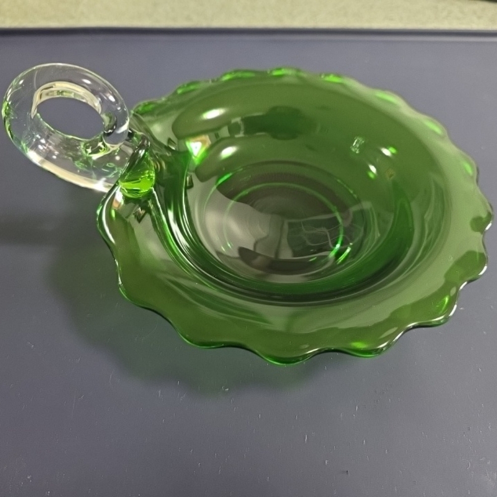 Vintage Green Glass Serving Dish Or Candy Nappy, W/Clear Handle.
